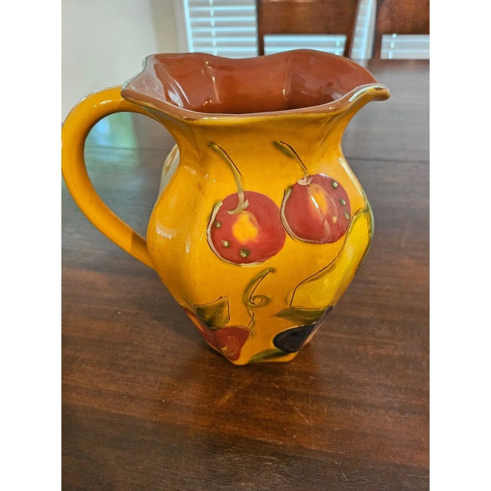 C.K. Rao Fruit Pitcher Home Decor Yellow Hand Painted Grapes Cherries Pears